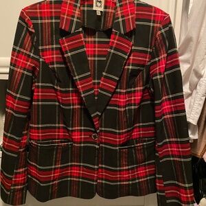 Women's Anne Klein Tartan Christmas Xmas Plaid Blazer Sz L EUC Single Button